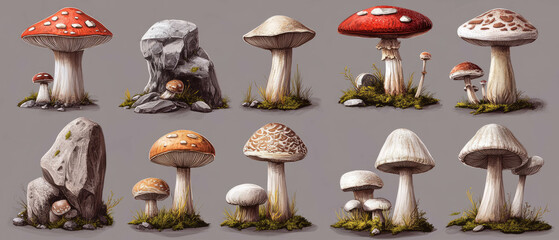 Various types of raw mushrooms showcasing unique textures and colors