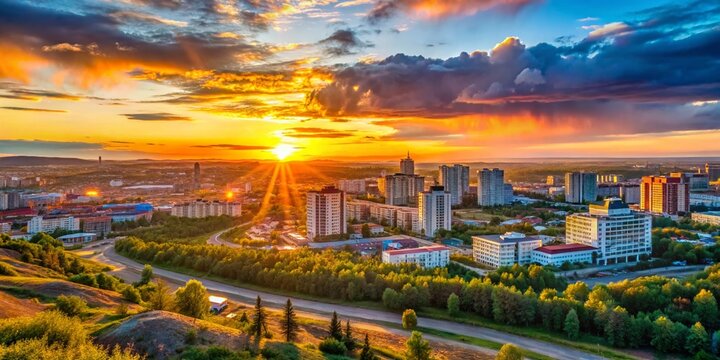Yakutsk City Downtown: Stunning Aerial Sunset View from Hilltop