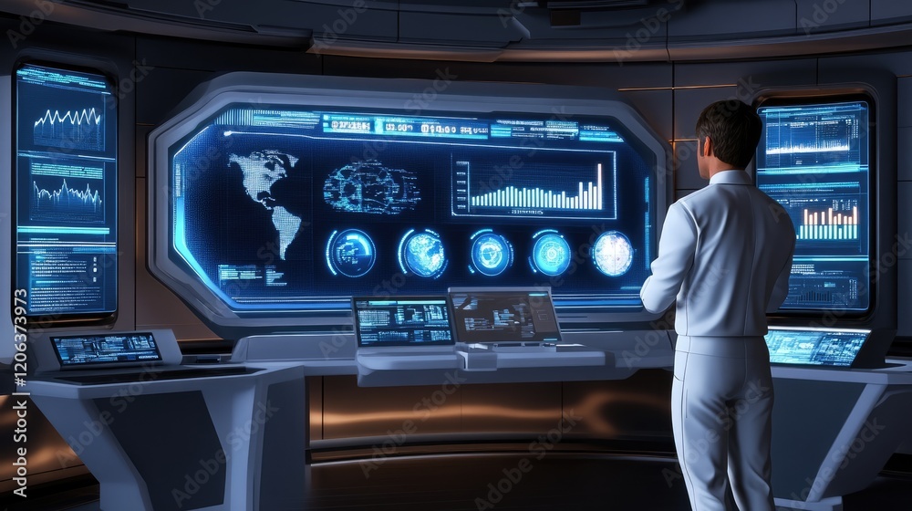 Poster man reviews global data on futuristic screens