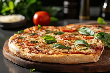 A colorful heart-shaped pizza topped with fresh tomatoes and basil leaves, displayed on a wooden platter, capturing the essence of Italian cuisine and warm dining vibes.