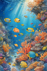 Fototapeta na wymiar Vibrant watercolor underwater scene featuring colorful coral reefs and various fish species