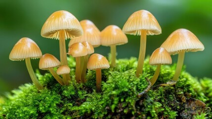 Delicate Orange Mushrooms Clustered on Mossy Ground
