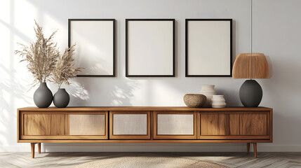 A simple and elegant interior with framed artwork on the wall and soft lighting.
