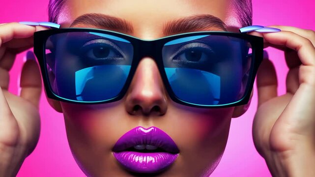 A chic fashion model flaunts stylish sunglasses, showcasing elegance and glamour in a stunning colorful portrait.