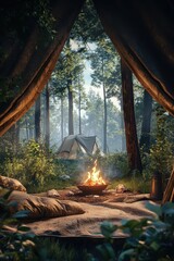 Looking out of a cozy tent in a lush pine forest with a roaring campfire, surrounded by mountains