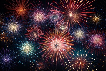 Fototapeta premium Bright and colorful fireworks exploding against a dark night sky, creating a festive and celebratory atmosphere