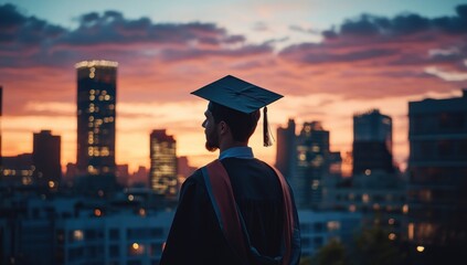 Graduate Silhouetted Against City Sunset: Dreams, Aspirations, and New Beginnings