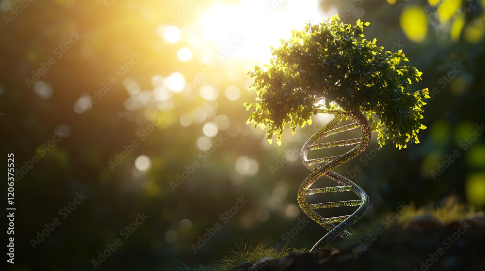 Poster nature intertwines with science through a dna tree sculpture showcasing environmental harmony at sun