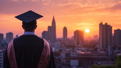 Graduate Silhouetted Against City Sunset: New Beginnings and Urban Dreams