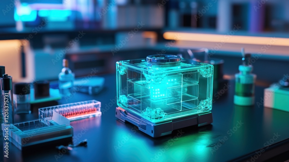 Poster Illuminated Cube Device in Modern Laboratory Setting