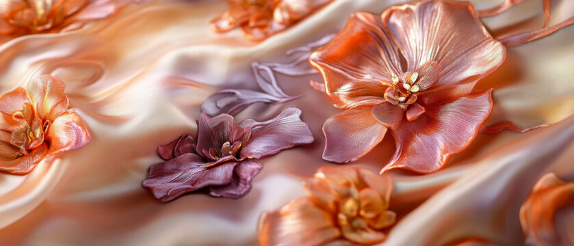 Elegant silk charmeuse fabric with floral embellishments in soft hues and glossy finish