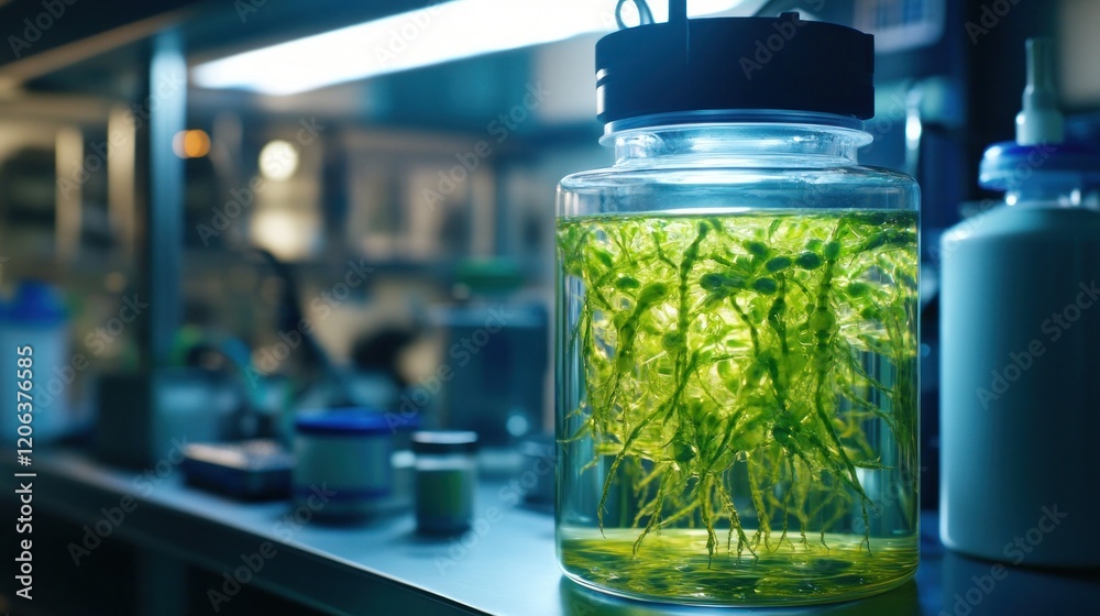 Poster green algae sample in laboratory container