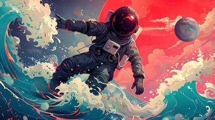 Astronaut surfing cosmic wave, red planet backdrop, space exploration