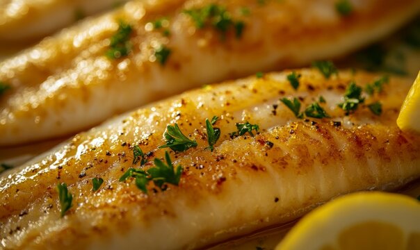 Extreme close-up image of breaded sole fish garnished with parsley and lemon