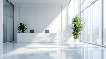 A spacious office with plants and wide windows, reflecting a bright atmosphere.