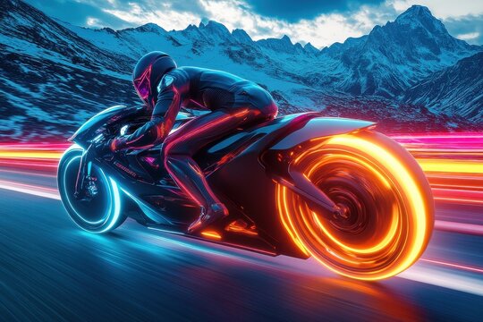 Futuristic motorcycle racing snowy mountains action photography high-tech environment dynamic viewpoint speed concept