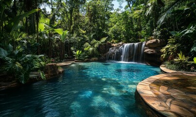 A tranquil oasis in the midst of a dense tropical rainforest, dense, oasis, scenery, nature, waterfall