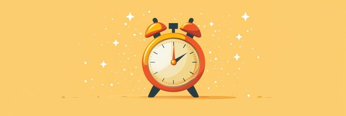 Illustrative Alarm Clock with Bells on Yellow Background Exploding with Whimsical Stars and Sparkling Particles, Capturing a Vintage Vibe