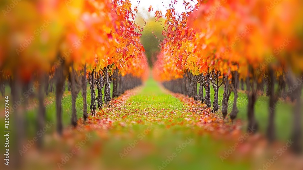 Poster autumnal vineyard rows displaying vivid fall colors
