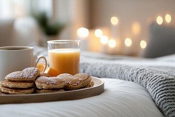 A delightful breakfast tray featuring heart-shaped pancakes and beverages, presenting a warm morning ambiance ideal for sharing love and affection during special moments.