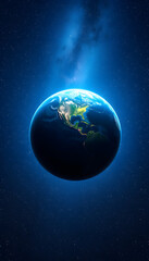 Obraz premium Amazing deep space with stars and a blue planet Earth with city lights at night. Space for design and text, detailed, with white tones