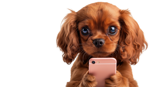 Funny Puppy Holding a Phone with Copy Space, Isolated on Transparent Background