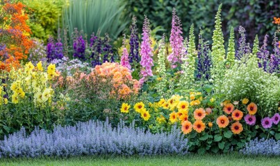 Obraz premium Flowering common hollyhock Alcea rosea plants with colorful flowers in summer garden panoramic