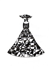 A dress decorated with a dynamic mix of geometric shapes and floral motifs.