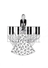 A dress resembling piano keys, blending music and fashion.