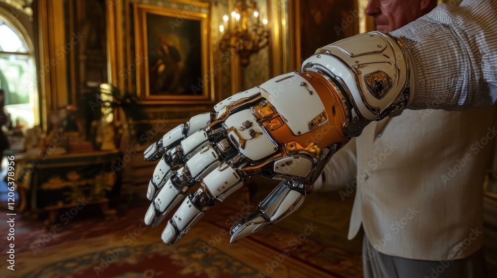 Poster a robotic hand in an elegant room setting