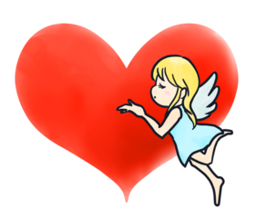 かわいい女の子の天使／キューピッド 投げキス ハート・マーク背景 水彩調