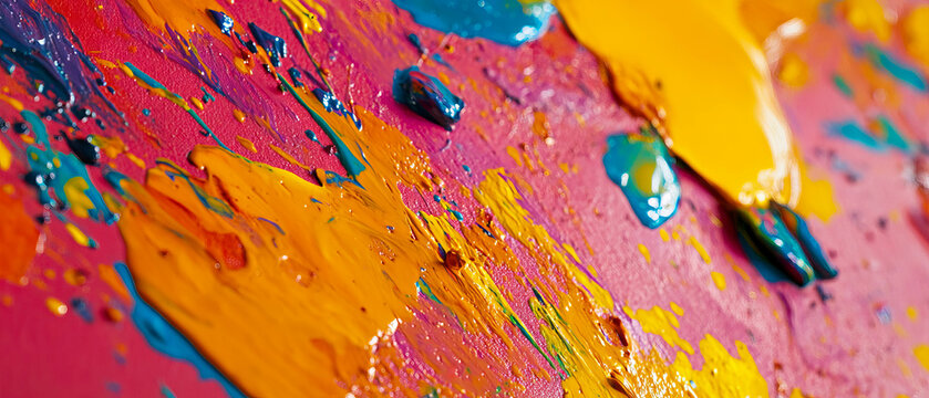 Vibrant tempera paint splatters creating a textured surface full of color and energy