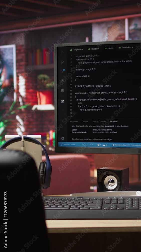 Poster vertical video development console visible on computer screen in modern apartment workspace. softwar