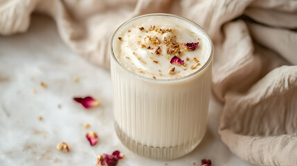 Creamy beverage topped with dried rose petals and spices.  Perfect for a refreshing treat!