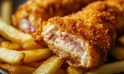Extreme close-up of chicken cordon bleu and French fries