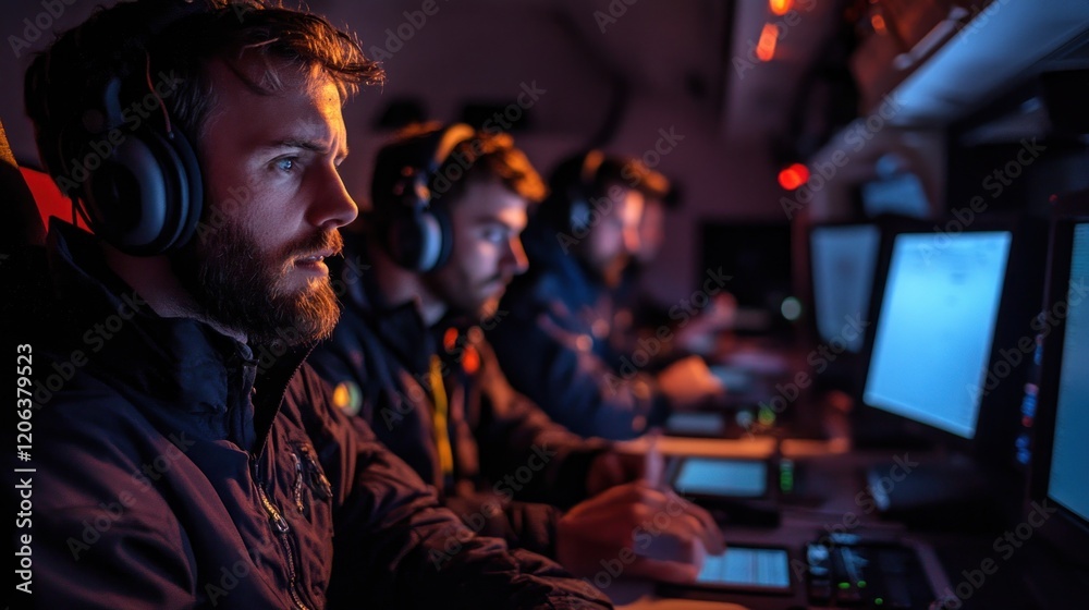 Aufkleber team monitoring data in a dark control room