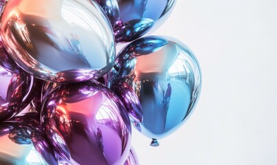 Extreme close-up of vibrant chrome balloons on white background