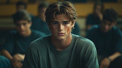 Fototapeta premium Teen Boy With Scars Sits Pensively Among Peers in a Tense Atmosphere During a Group Activity at a Hall
