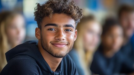 Young Smiling Boy Engages With Classmates During a Classroom Activity in a Bright, Cheerful Educational Environment
