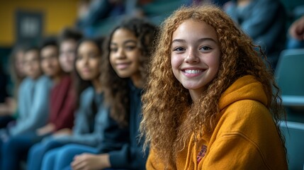 Group of Young Friends Enjoying an Event in a Sports Arena With Lively Expressions and Bright Smiles in the Background