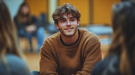 Fototapeta premium Young Man Smiles While Interacting With Friends During a Casual Gathering in a Cozy Indoor Space in the Evening