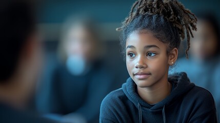 Young Girl Attentively Listening During a Classroom Discussion in an Educational Setting With Peers in the Background