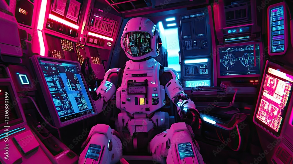 Poster Astronaut Robot Works in Futuristic Spaceship Control Room