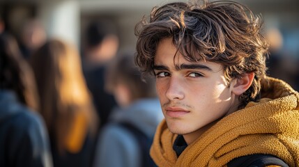 Young Man With Curly Hair Wearing a Yellow Hoodie Stands Among a Crowd of People Outdoors During the Daytime in a Vibrant and Lively Urban Setting