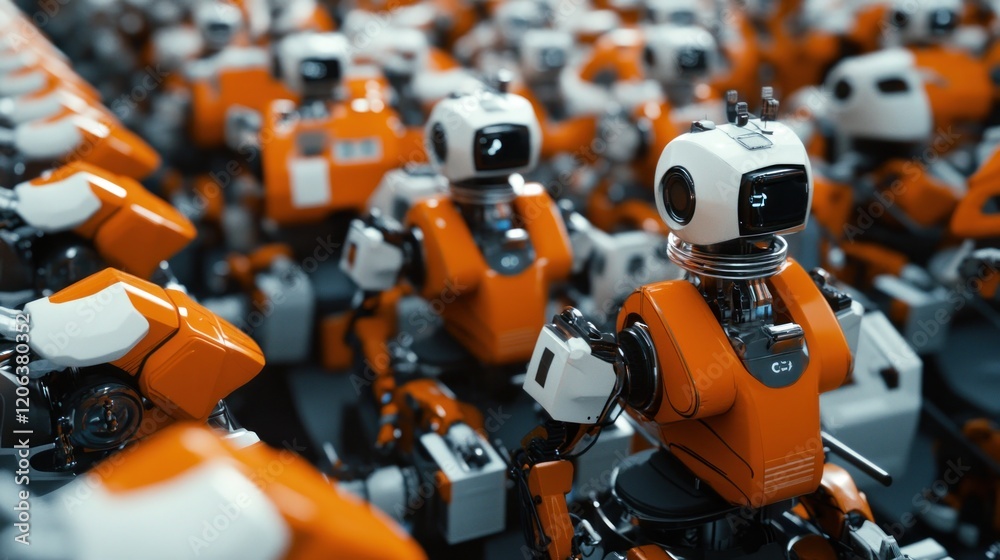 Poster a multitude of orange and white robots stand in formation