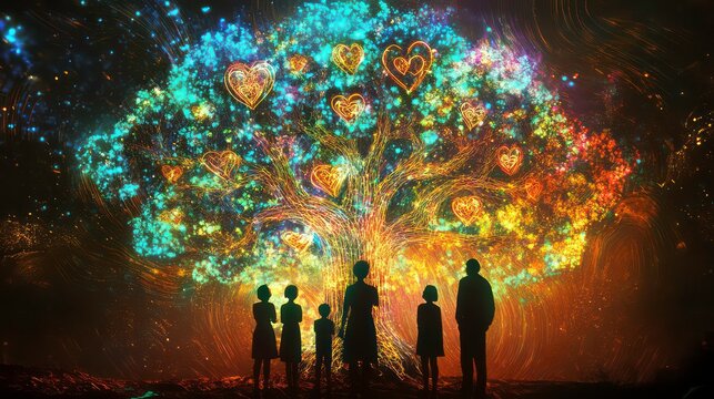 Family silhouetted against a vibrant, glowing tree adorned with heart shapes at night.