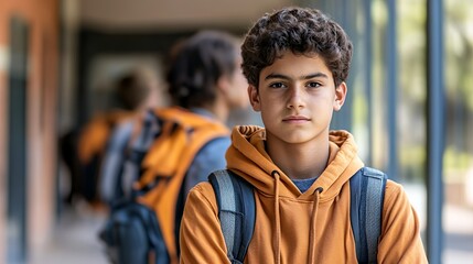 Naklejka premium Young Student Poses Confidently in School Hallway During Morning Hours While Classmates Are in the Background