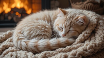 Paws and Warmth: A Sleeping Cat Curled Up on a Knitted Blanket by a Fireplace