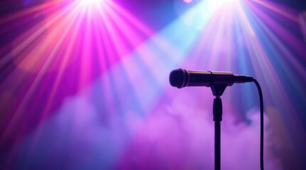 Obraz premium Microphone on stage under purple and blue lights. Ready for a performance or speech. Perfect for music, event, or concert themes.