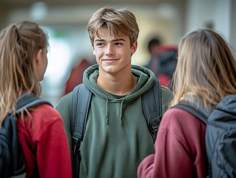 Teenagers Socializing in a School Hallway During Break Amidst a Friendly Atmosphere and Backpacked Peers